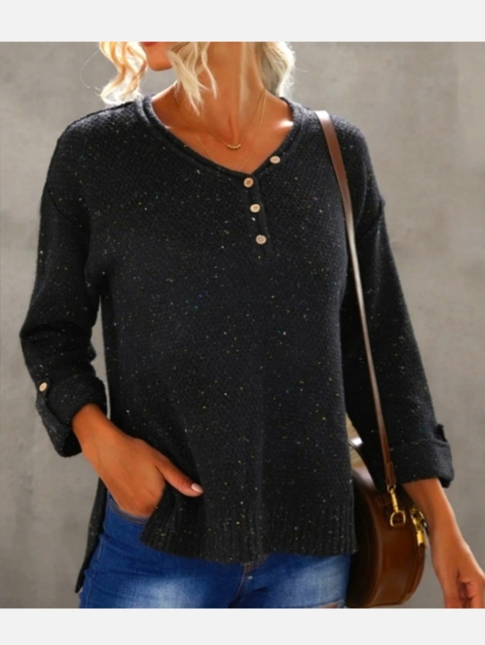 NWOT Women's Oversized 3/4 Button Sleeve High Low Speckled Sweater Black 2XL